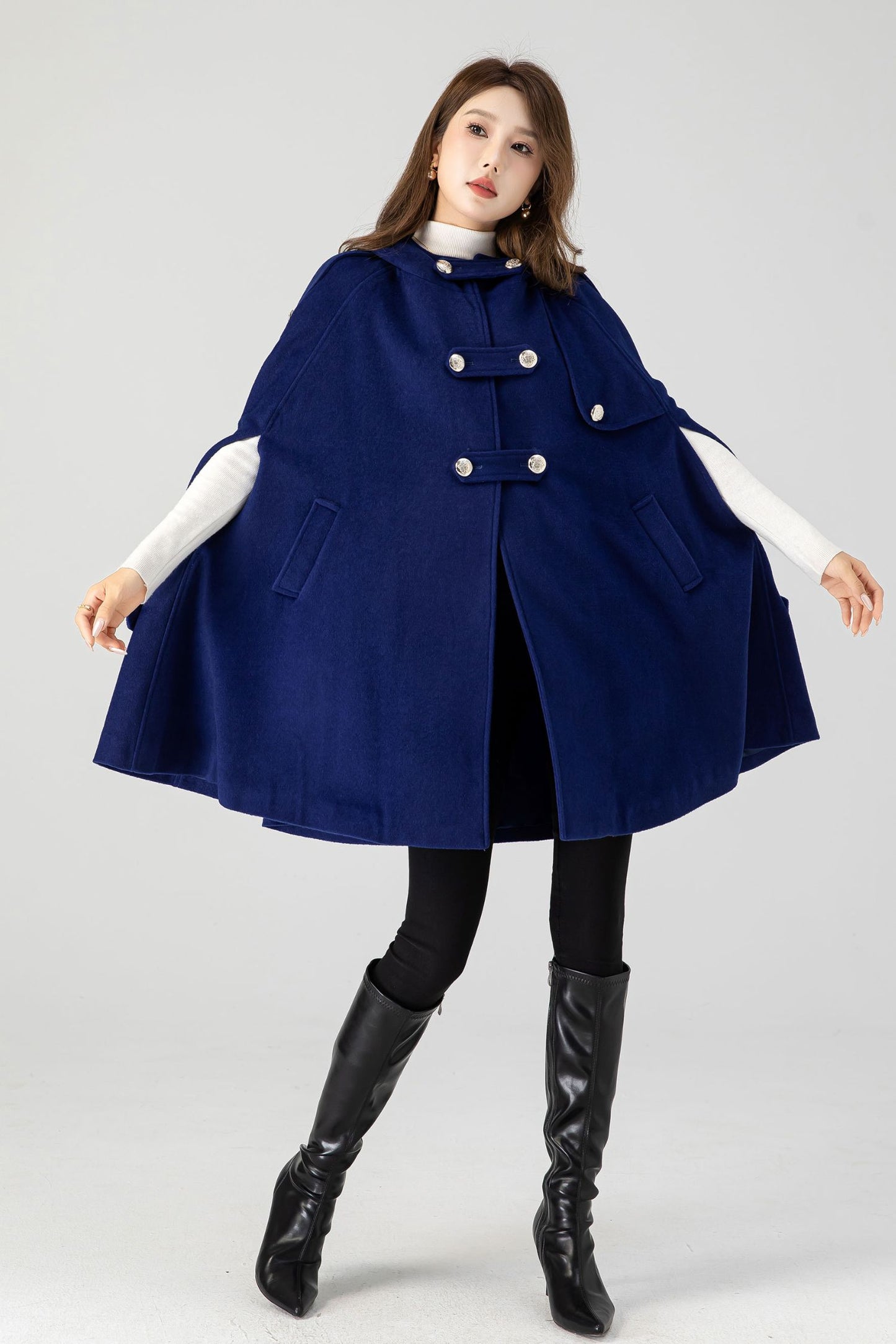 Women's Winter Blue Wool Hooded Wool Cape Coat 4601