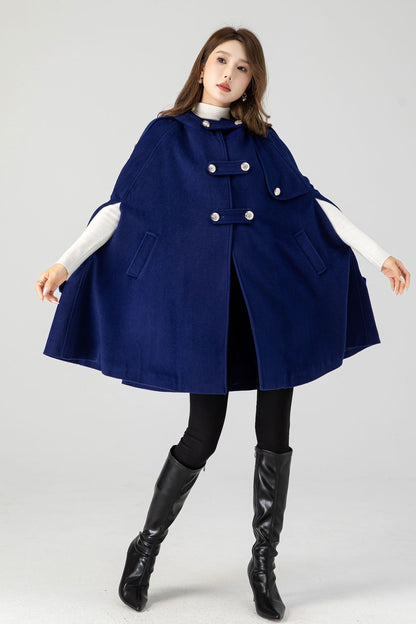 Women's Winter Blue Wool Hooded Wool Cape Coat 4601