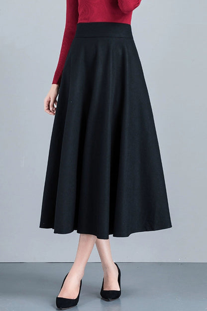 Handmade Wool Midi Skirt – Vintage A-Line High Waist with Pockets 6212