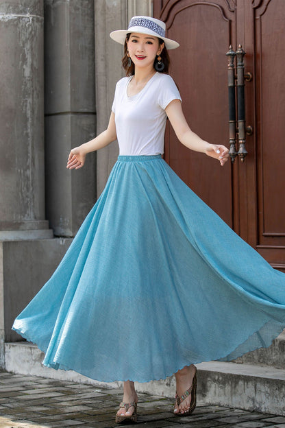 Blue Cotton-Linen Long Circle Skirt - Pleated Waist, Elastic Fit 4412