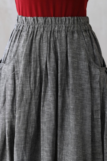 Grey Linen Cotton Maxi Skirt – Pleated Flare Skirt with Elastic Waist 2772