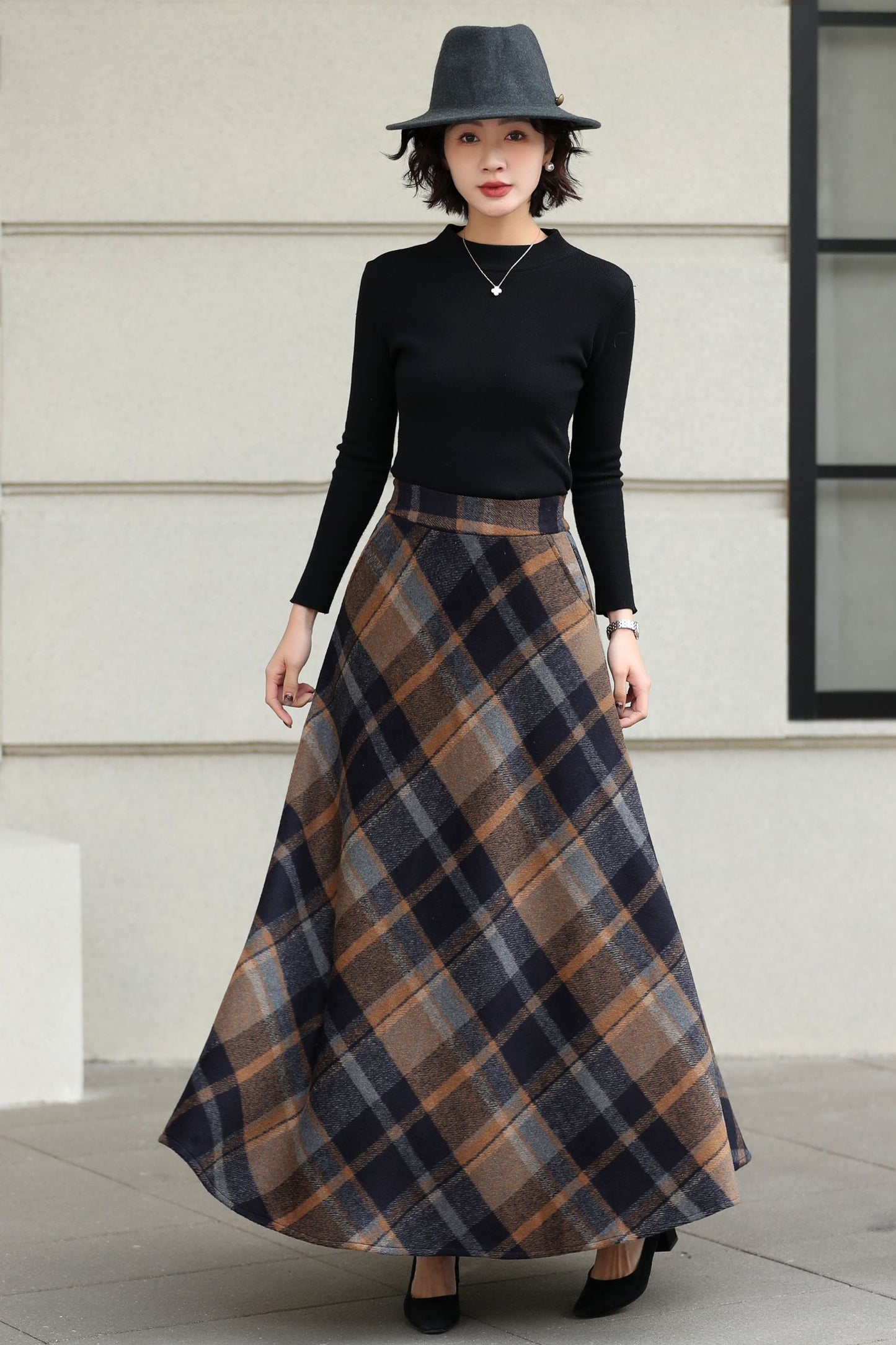 Xiaolizi Plaid Wool Maxi Skirt for Women – Handmade A-Line Winter Full-Length Skirt 6605
