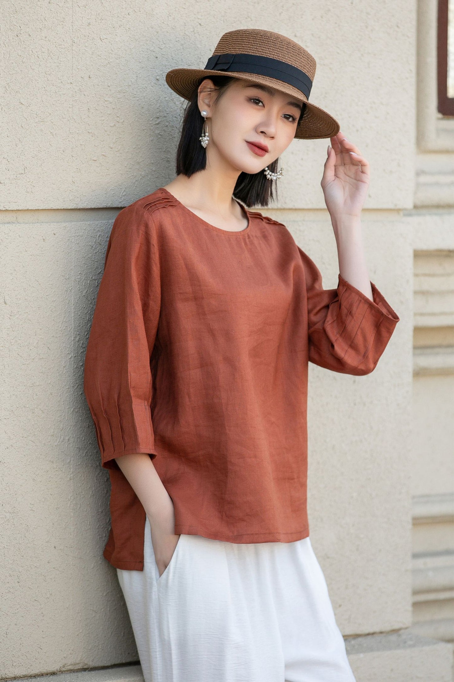 Orange loose fitting linen blouse 4902