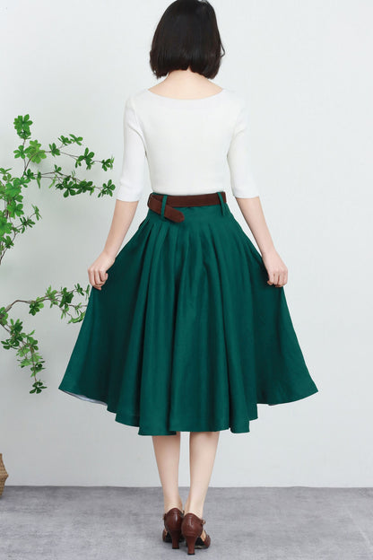 Emerald Green Linen Midi Skirt - Pleated High Waist Swing 5737