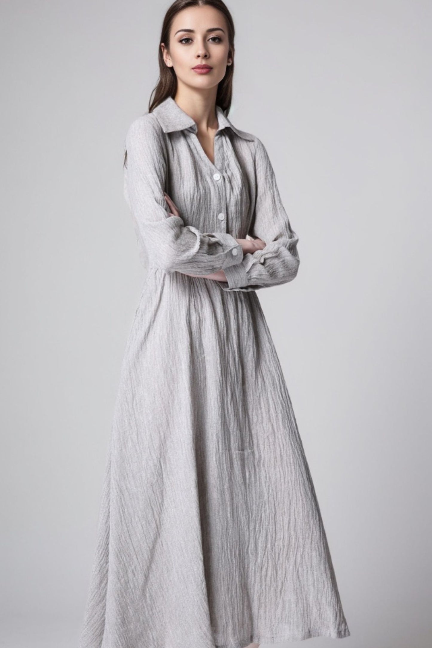 Gray Cotton-Linen Midi Shirt Dress 5511