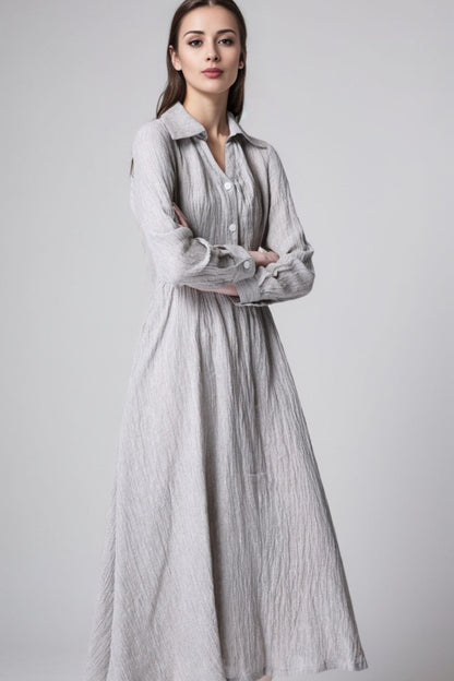 Gray Cotton-Linen Midi Shirt Dress 5511