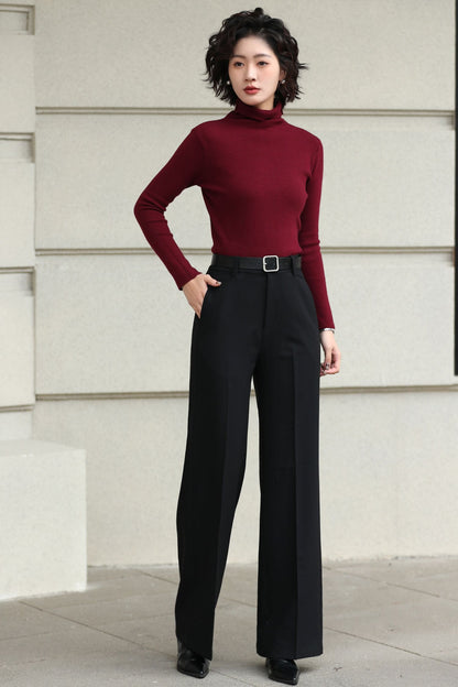 Handmade Vintage Wool Pants – Black High Waist Wide Leg Winter Trousers 6620