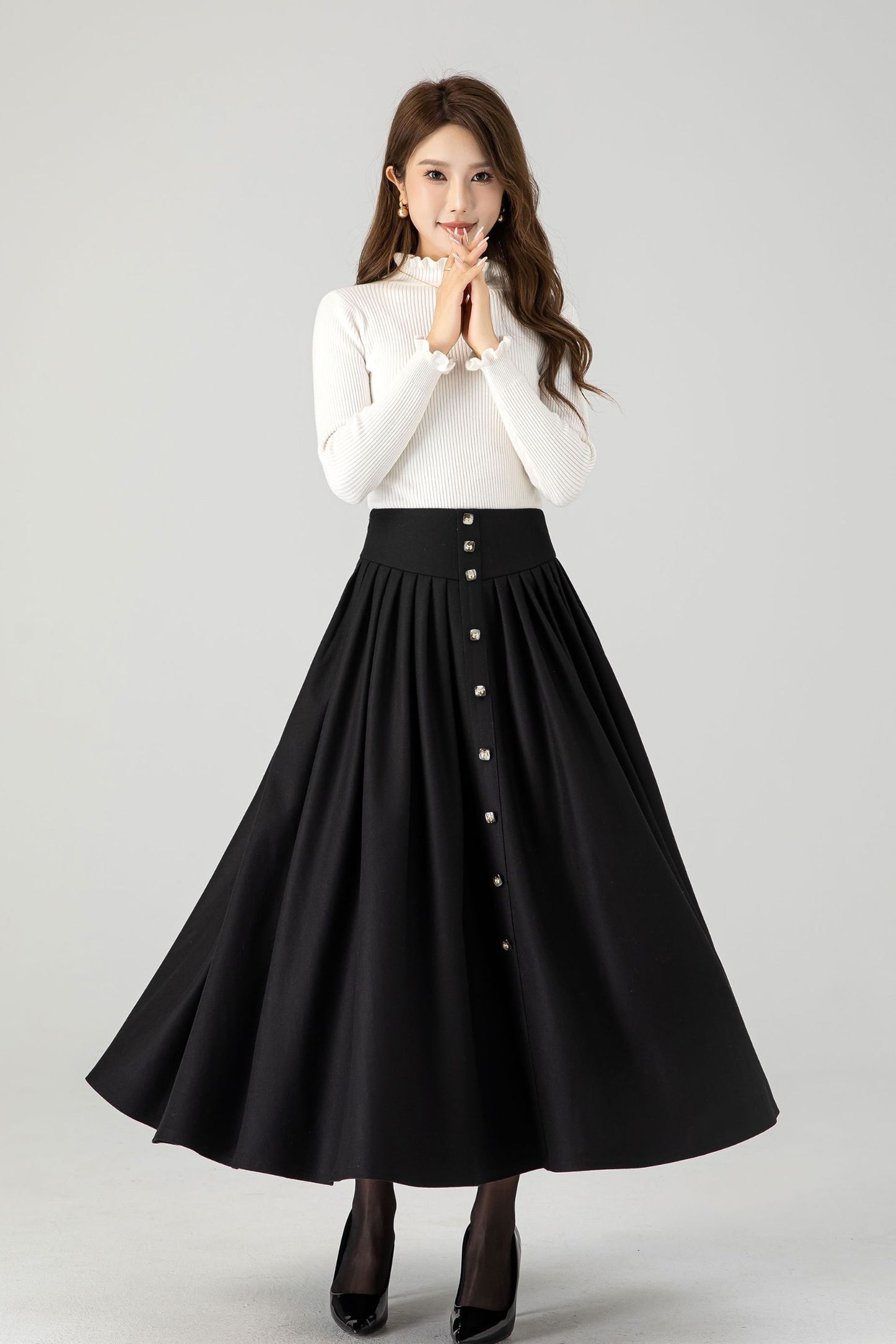 Swing black long pleated wool skirt 4611