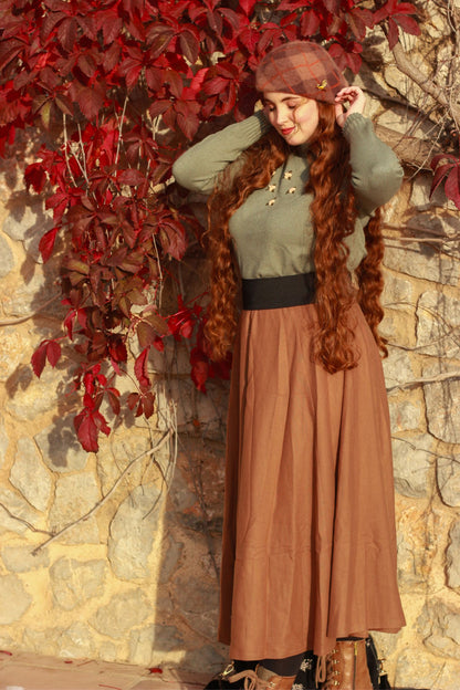 Brown Wool Swing Midi Skirt - High Waist Elegant Winterwear 4810