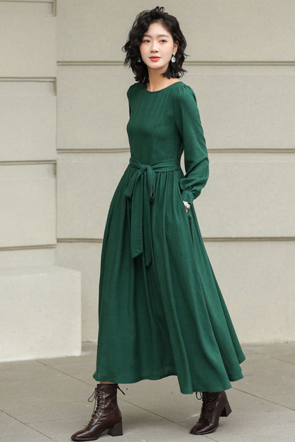 Green Linen Cotton Maxi Dress - Pleated Waist, Flowing A-Line Silhouette 6425