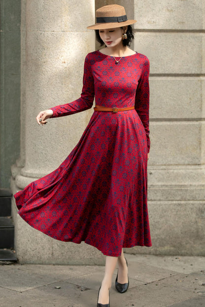 Xiaolizi Stretch Floral Belted Midi Dress – Long Sleeve with Pockets 5687 -XS #CK2500041