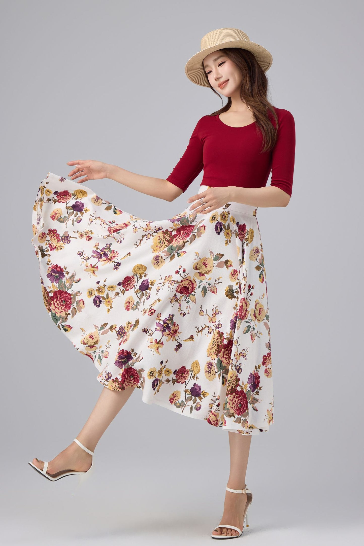 White Floral Cotton Linen Midi Skirt - High Waist, A-line Swing | Xiaolizi 6764