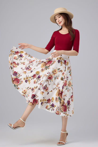 White Floral Cotton Linen Midi Skirt - High Waist, A-line Swing | Xiaolizi 6764