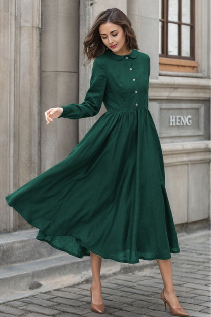 Green Linen Fit and Flare Midi Dress - Collared Neck with Pockets 5750