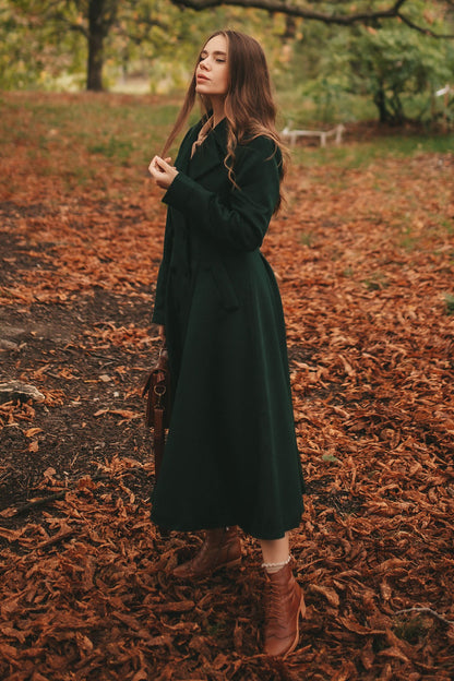 Army Green Wool Maxi Coat - Pleated Flare Double Breasted 3160