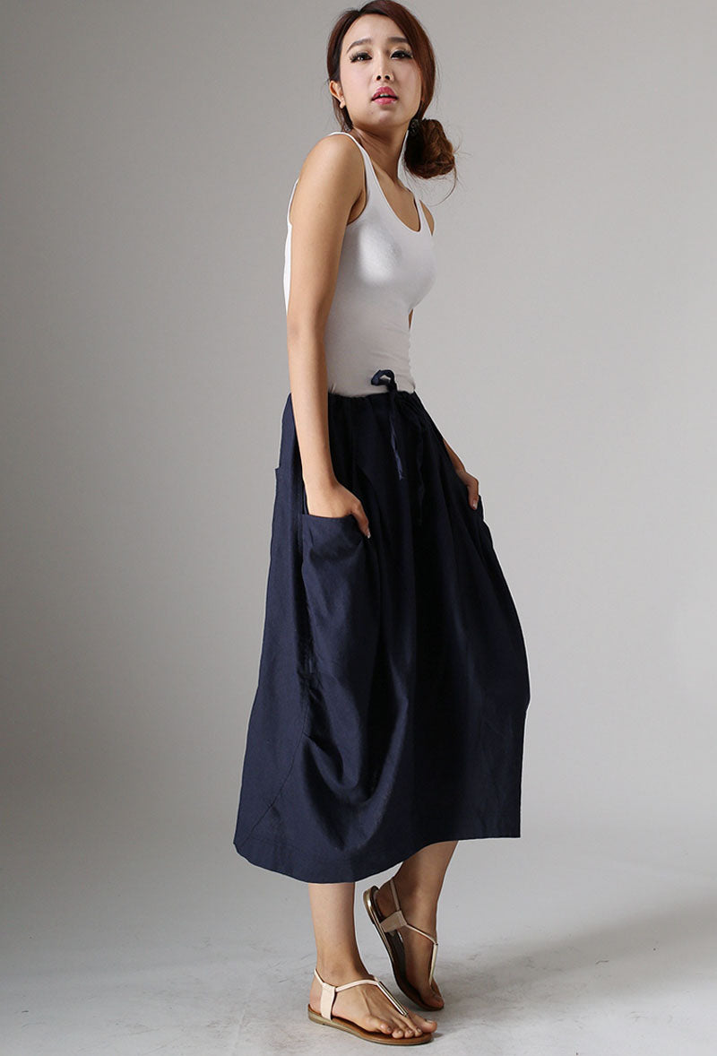 Handmade Linen Cotton Midi Skirt – Drawstring Waist with Big Pockets | Xiaolizi 0983