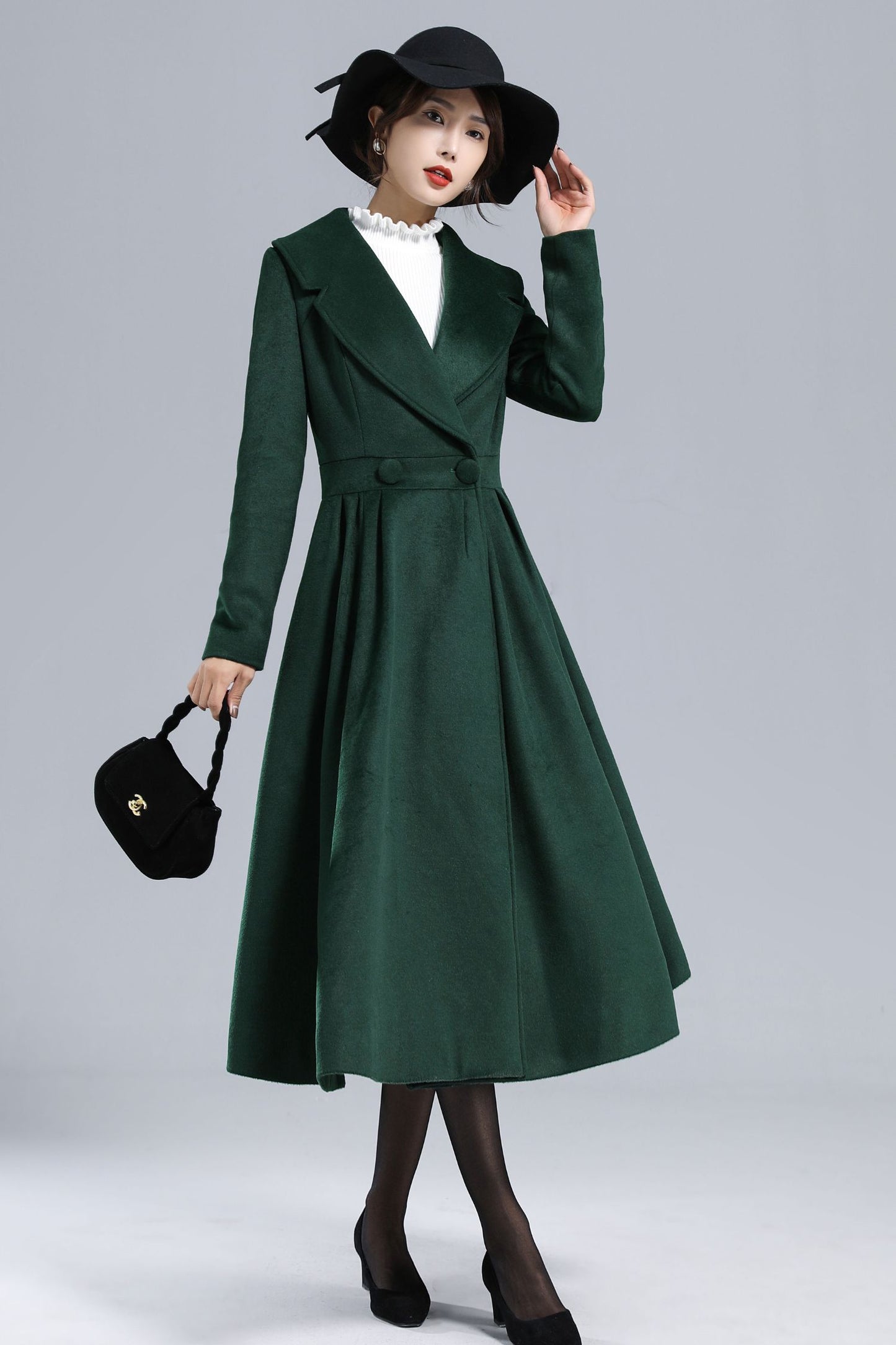 Dark Green Fit and Flare Wool Coat 3242