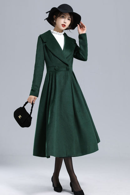 Vintage Princess Wool Coat – Handmade Dark Green Pleated Long Overcoat | Xiaolizi 3242