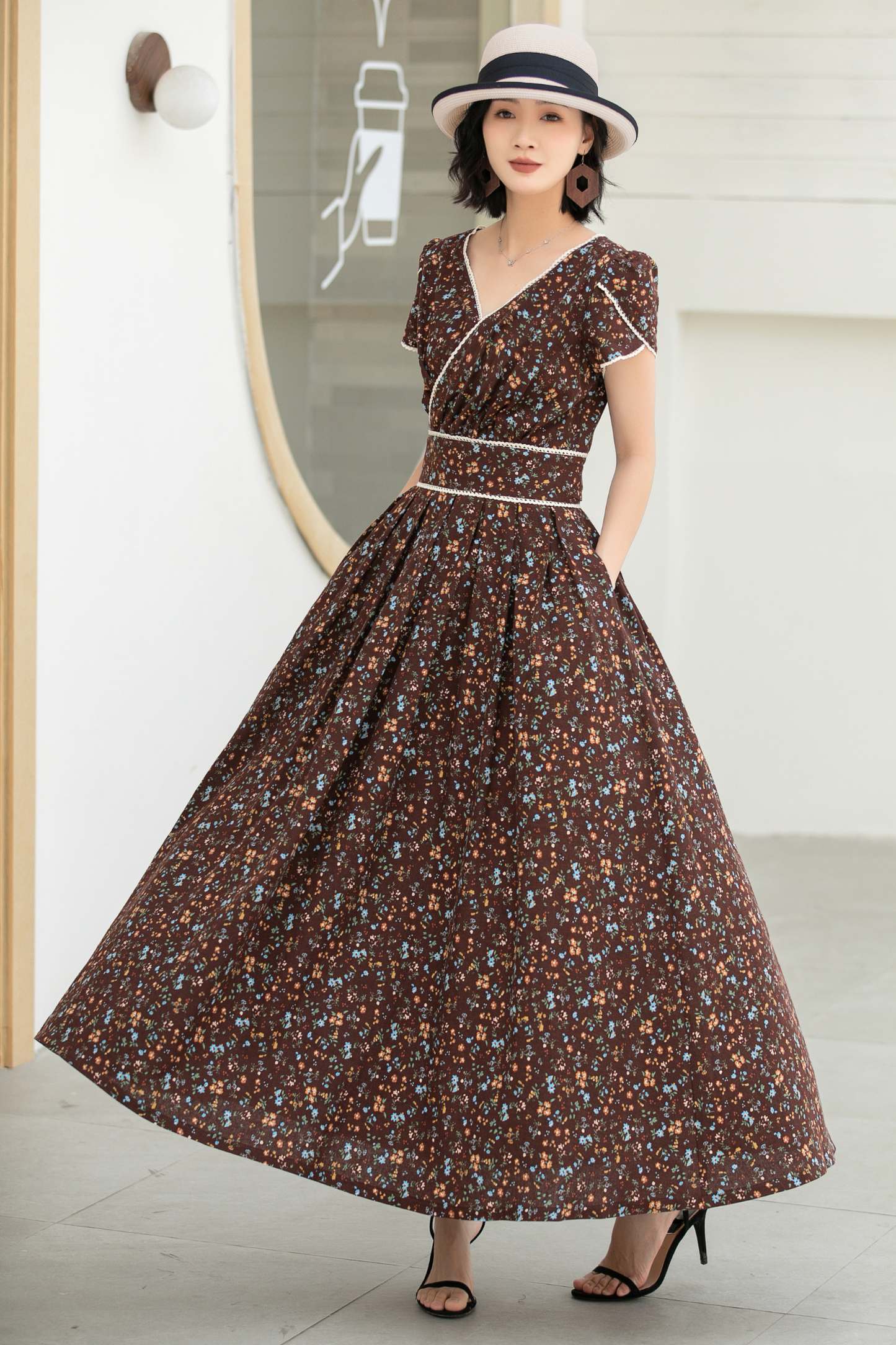 Vintage Floral Linen Cotton Maxi Dress – Women’s Puff Sleeve Wedding & Prom Dress 5833