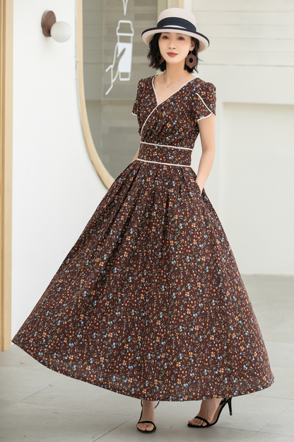 Vintage Floral Linen Cotton Maxi Dress – Women’s Puff Sleeve Wedding & Prom Dress 5833