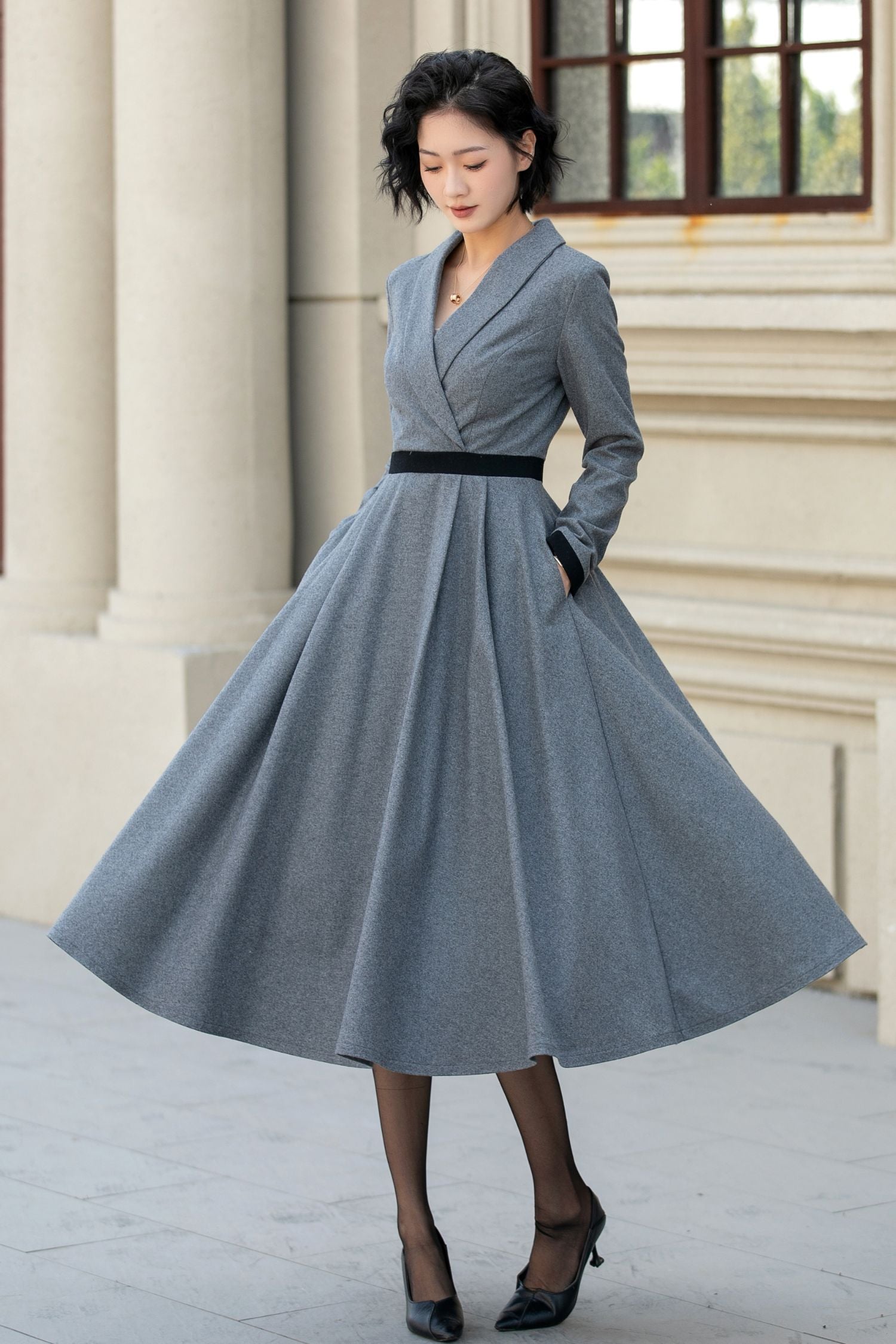 Gray Wool Fit and Flare Midi Dress – Long Sleeve V Neck Dress 5457 Gray / L