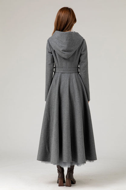 Gray Wool Blend Long Coat - Hooded Tie Belt Fitted | Xiaolizi 5481