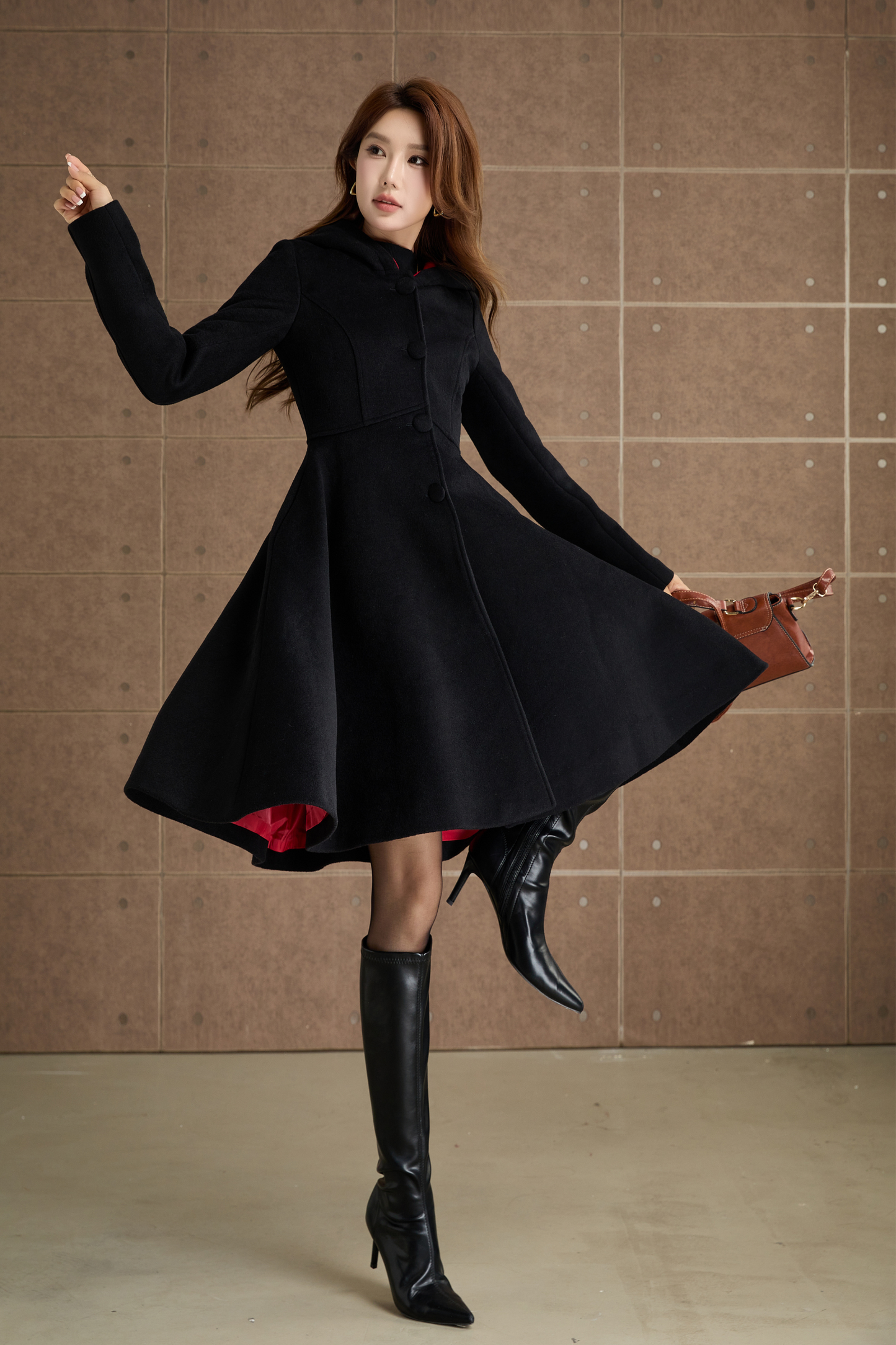 Black hooded winter wool coat  5363