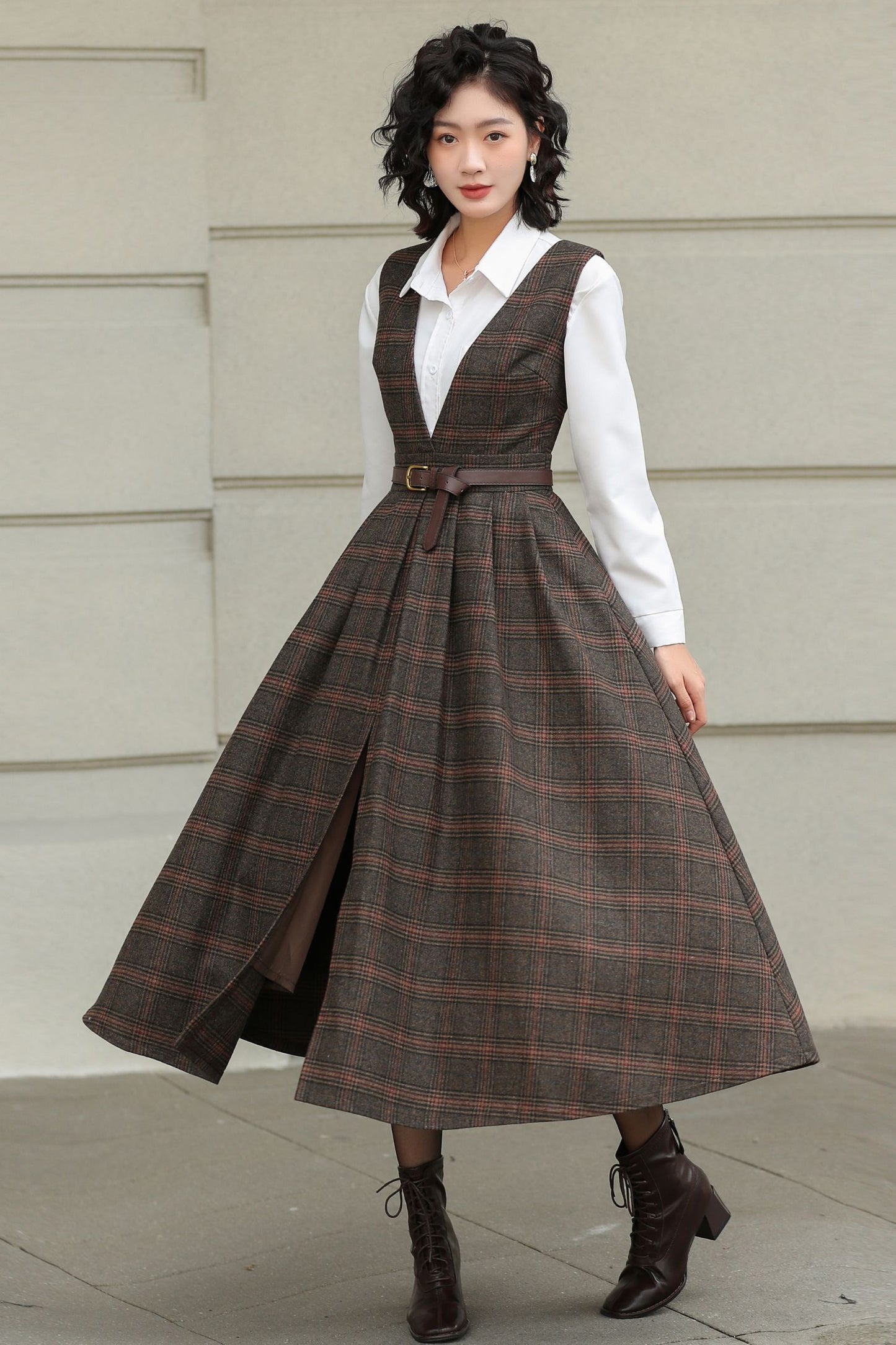 Brown Plaid Wool Midi Dress – Vintage Sleeveless Pinafore Swing Dress 6417