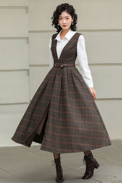 Brown Plaid Wool Midi Dress – Vintage Sleeveless Pinafore Swing Dress 6417