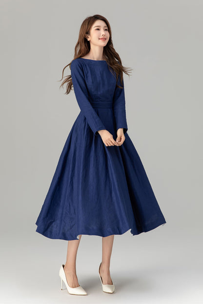 Navy Linen Midi Dress – Long Sleeve Fit and Flare Dress with Pockets 4925