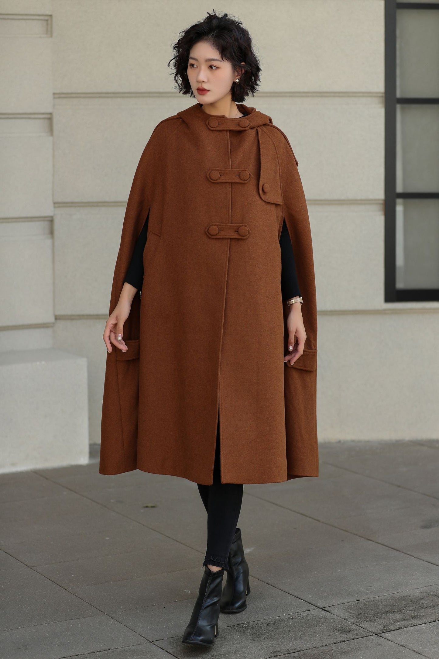 Handmade Wool Hooded Cape – Vintage Winter Cloak Coat with Pockets 6527