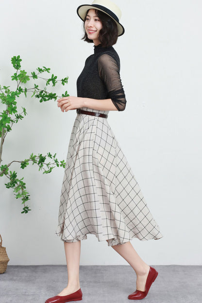 Plaid Linen Midi Skirt - High Waist Circle Swing Tartan | Xiaolizi 5738