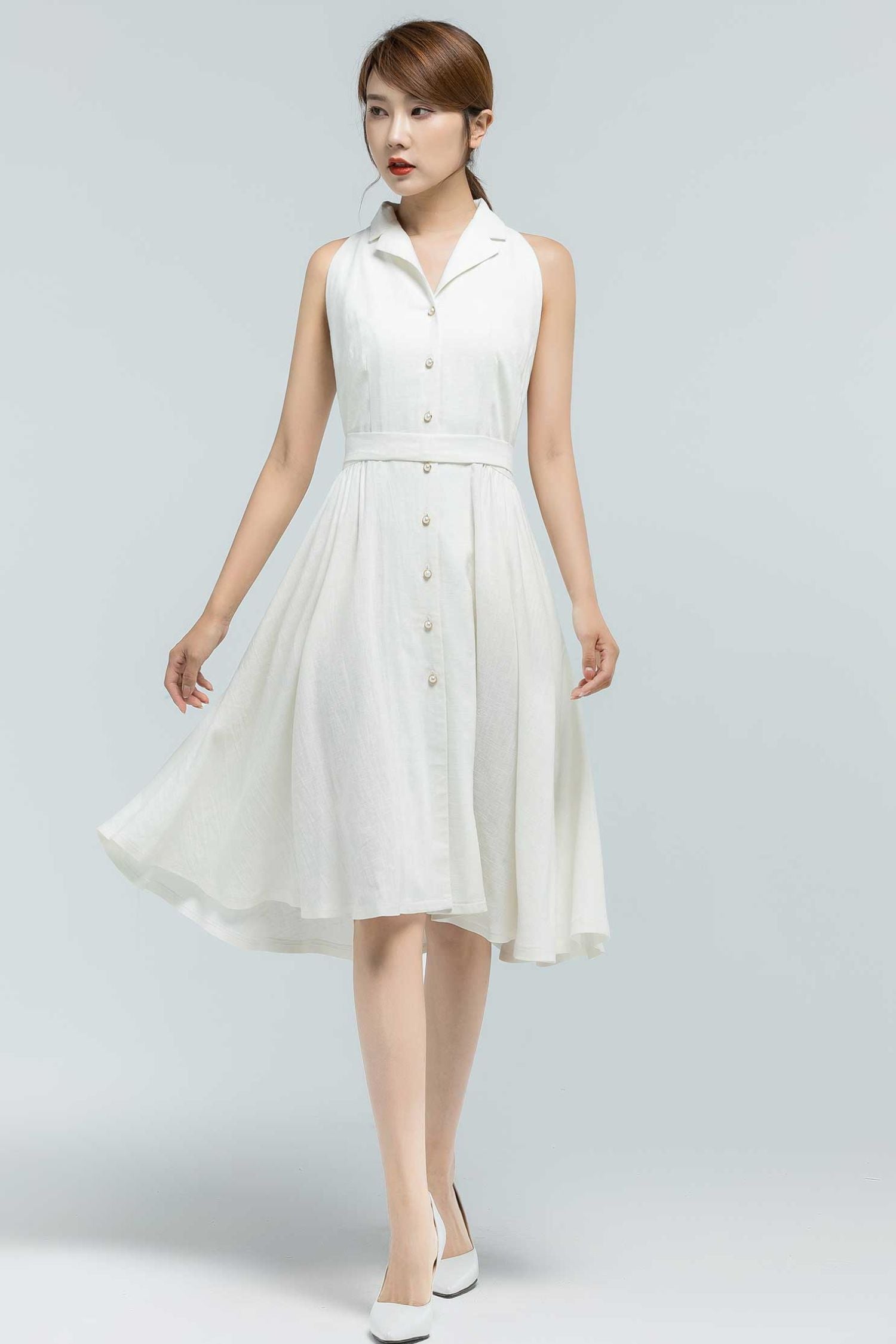 linen shirt dress knee length Women's Linen-Blend Knee-Length Shirtdress Neutral Stripe Regular Size XXS