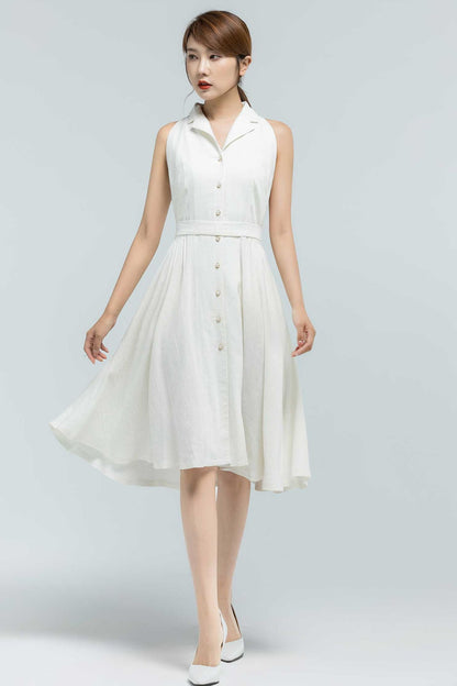 White Linen Shirt Dress - Sleeveless Fit and Flare Knee-Length 2378