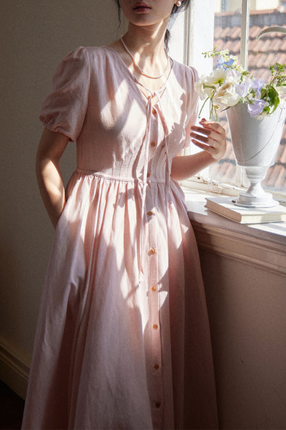 Pink Linen Midi Dress - Fit and Flare, Button Closure HY0037