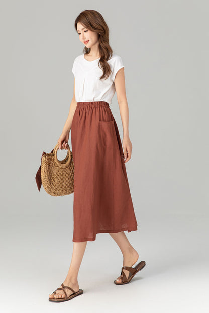 Rust Linen A-Line Midi Skirt - Elastic Waist with Pockets 4905