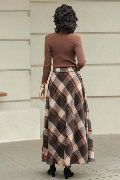 Plaid Wool A-Line Skirt – Brown Check Midi/Ankle Length, Handmade | Xiaolizi 6419