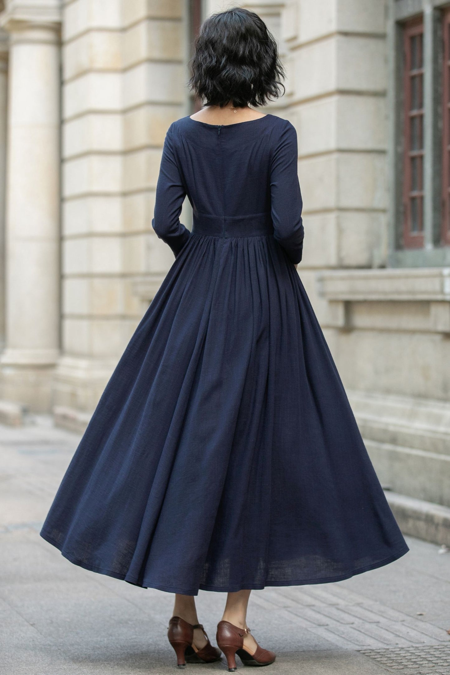 Navy Blue Maxi Linen Dress 5683