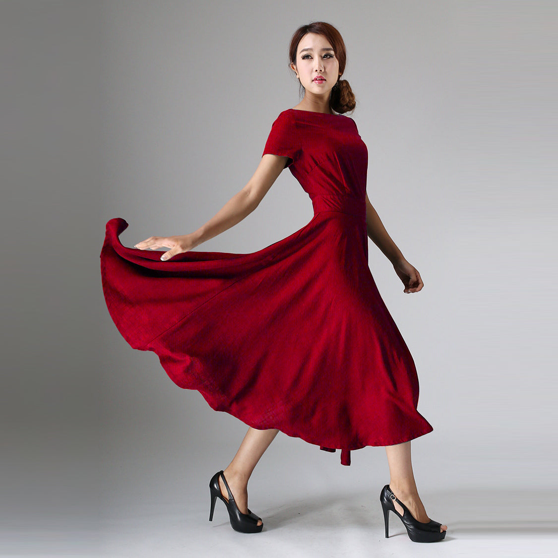 Xiaolizi Red Linen Midi Dress – Vintage Boat Neck Fit and Flare Dress 6284