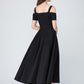 Vintage Off shoulder black linen Maxi dress 1576