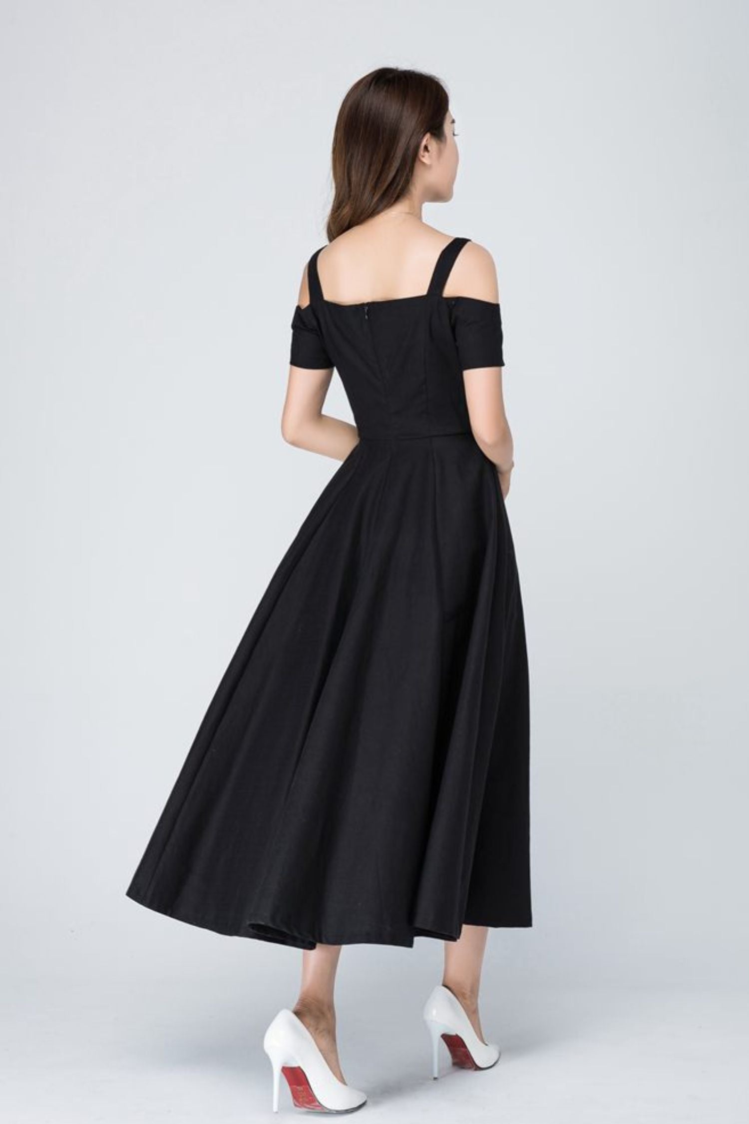 Vintage Off shoulder black linen Maxi dress 1576 Xiaolizi Vintage Off shoulder black linen Maxi dress 1576 Xiaolizi
