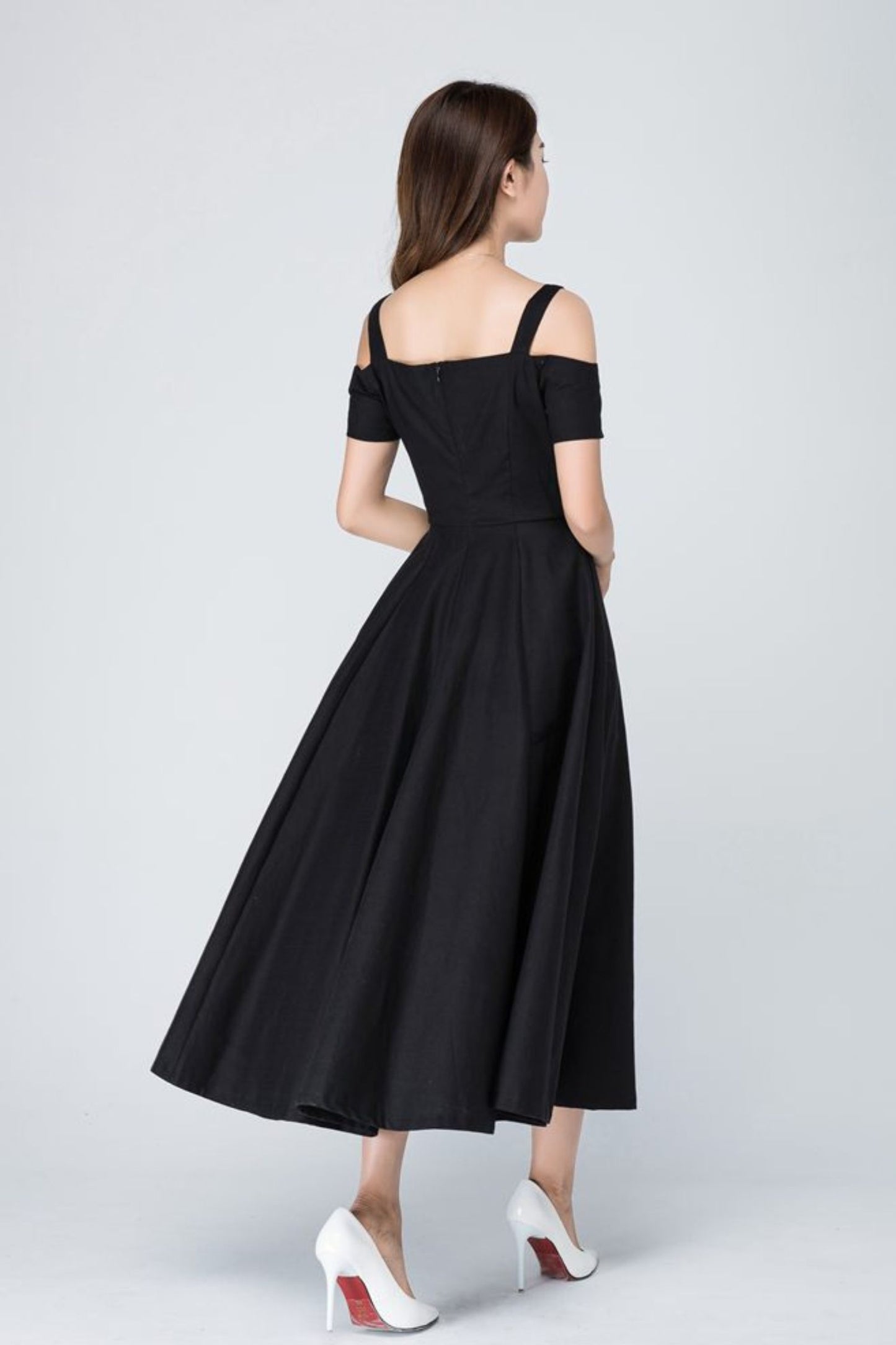 Vintage Off shoulder black linen Maxi dress 1576