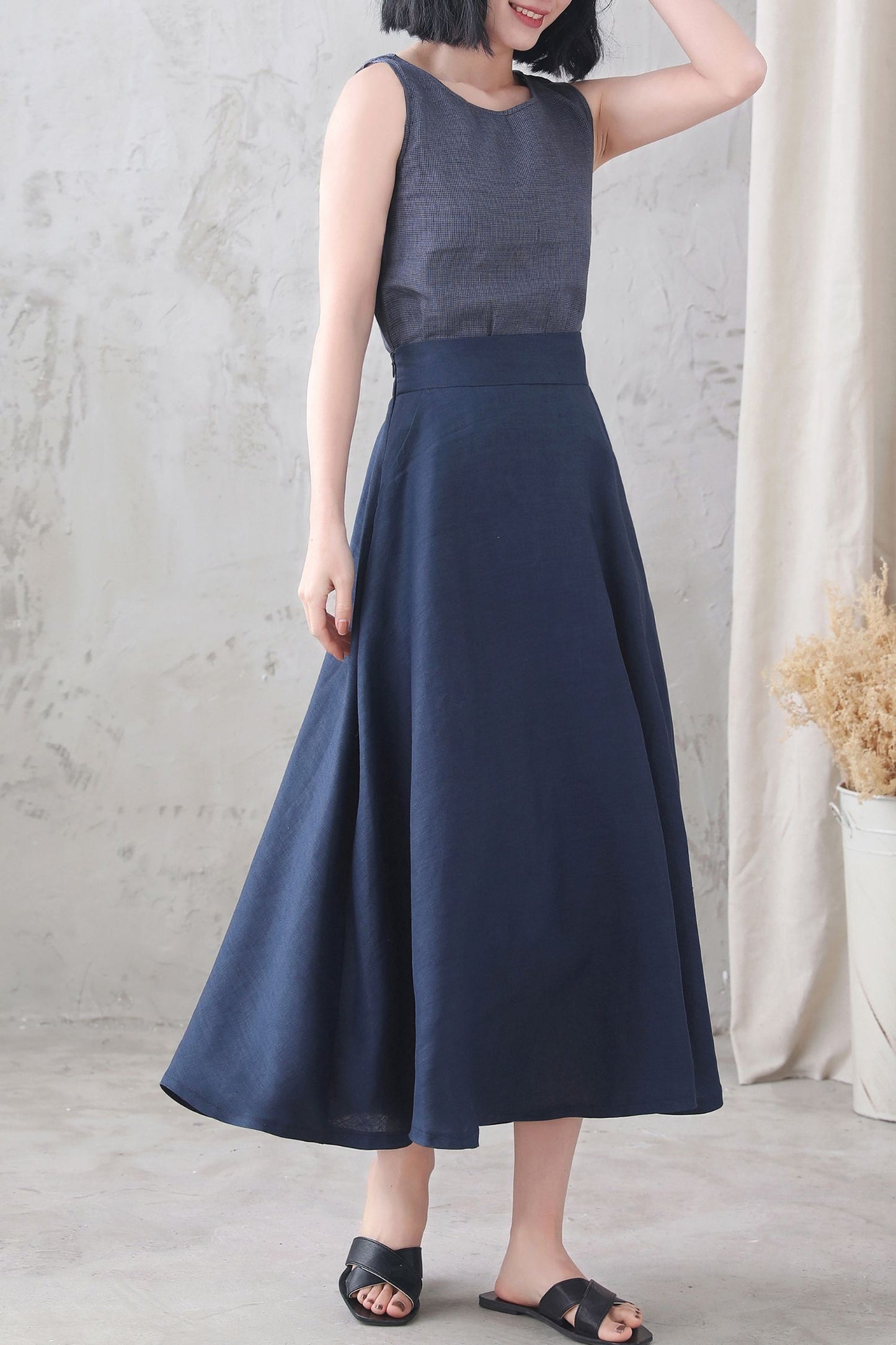 Dark Blue High Waist A Line Elastic Waist Linen Skirt 3339