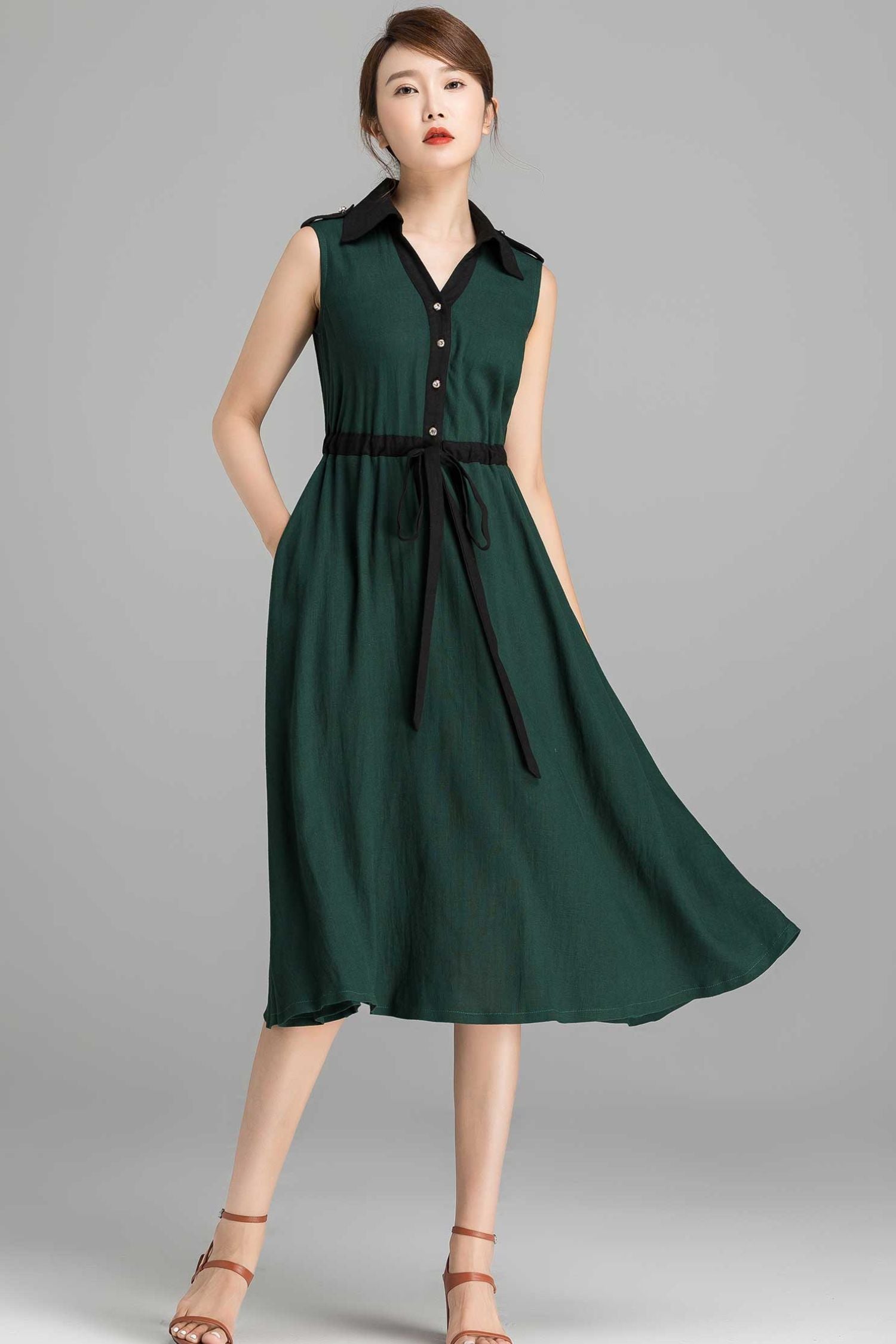 Green Linen Cotton Midi Dress - Sleeveless Button-Down | Xiaolizi Green Linen Cotton Midi Dress - Sleeveless Button-Down | Xiaolizi