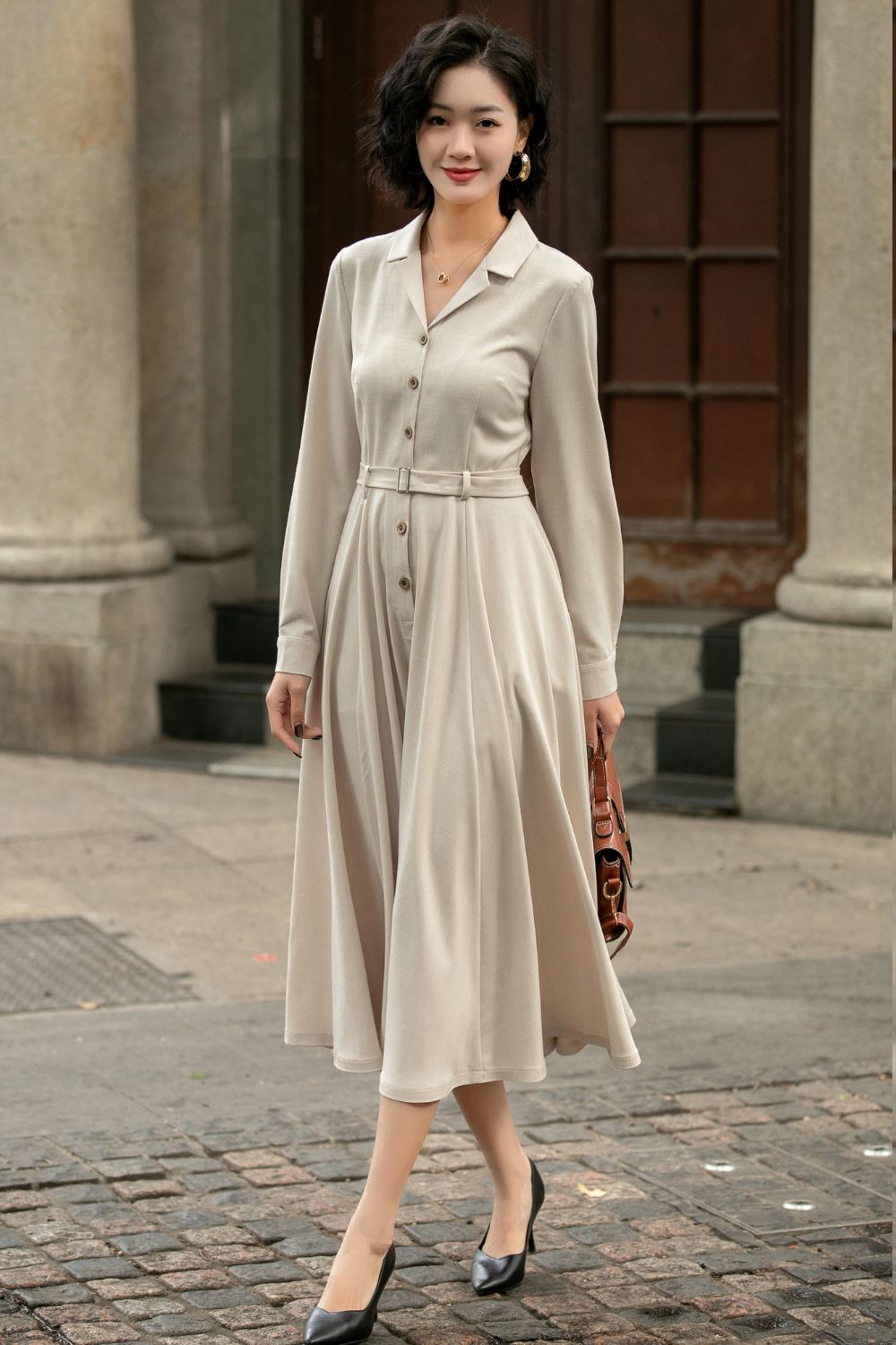 linen shirt dress Beige Linen Cotton Midi Shirt Dress with Vintage Belted Swing Silhouette – Xiaolizi
