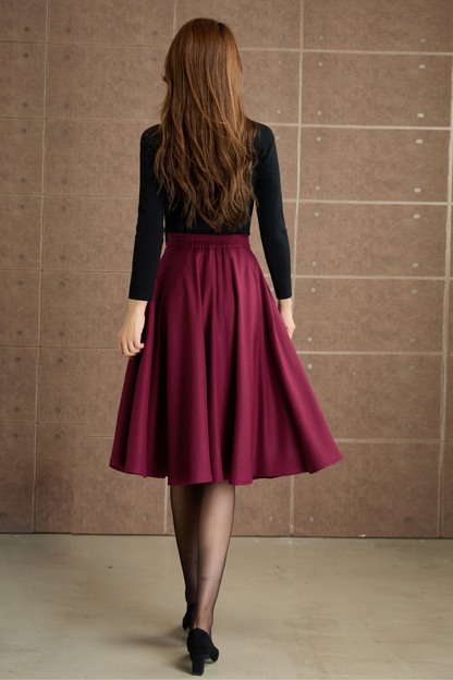 Burgundy knee length swing wool skirt 5362