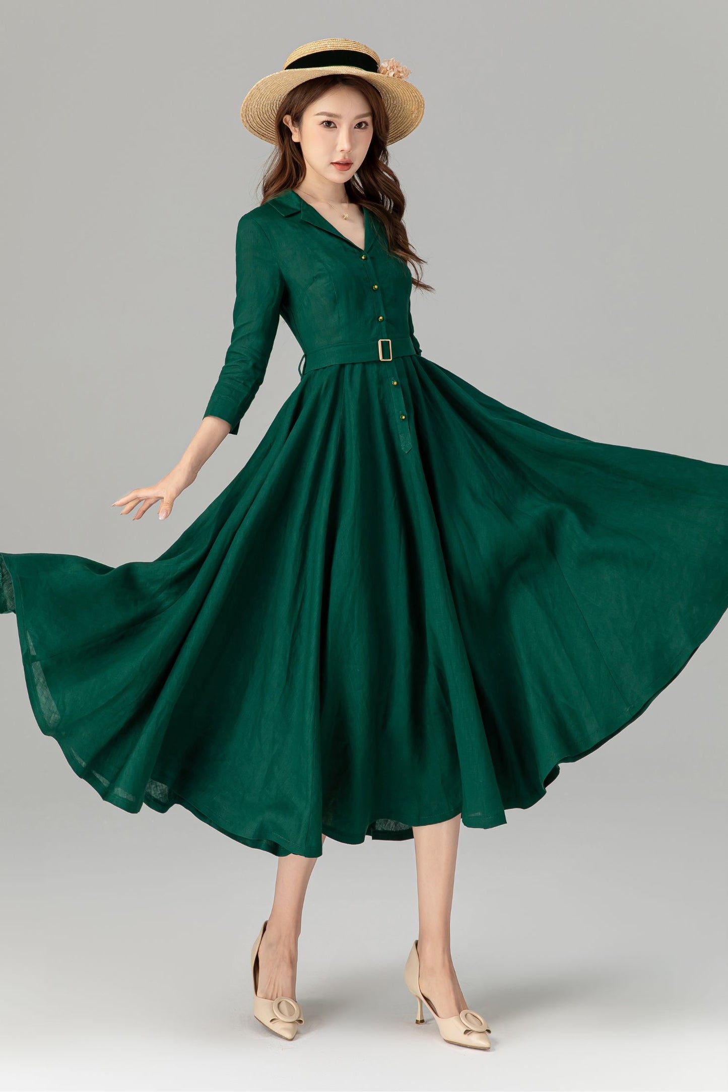 Spring green midi shirt dress with tie belt waist 4909