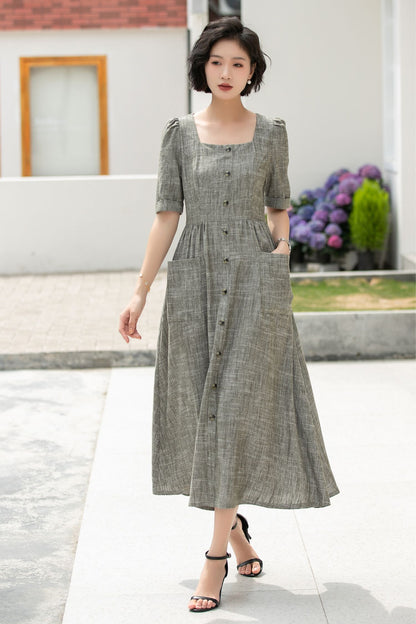 Gray Linen Cotton Midi Dress - Square Neckline with Puff Sleeves 5984