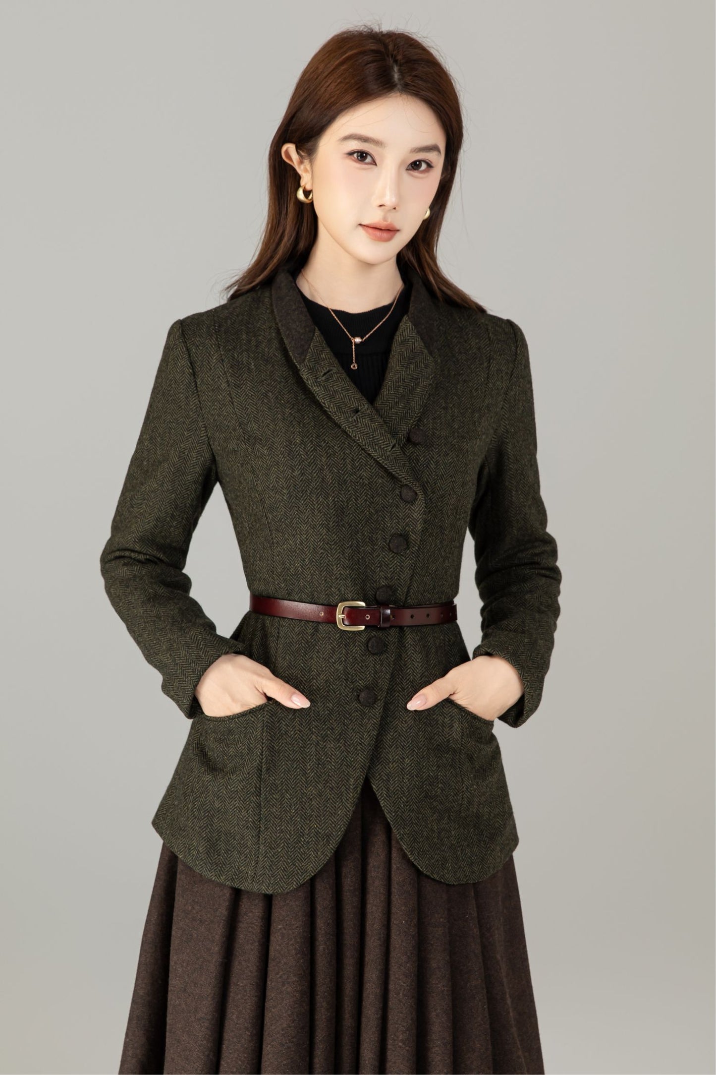 Handmade Wool Blend Herringbone Jacket – Vintage Short Coat | Xiaolizi 6496