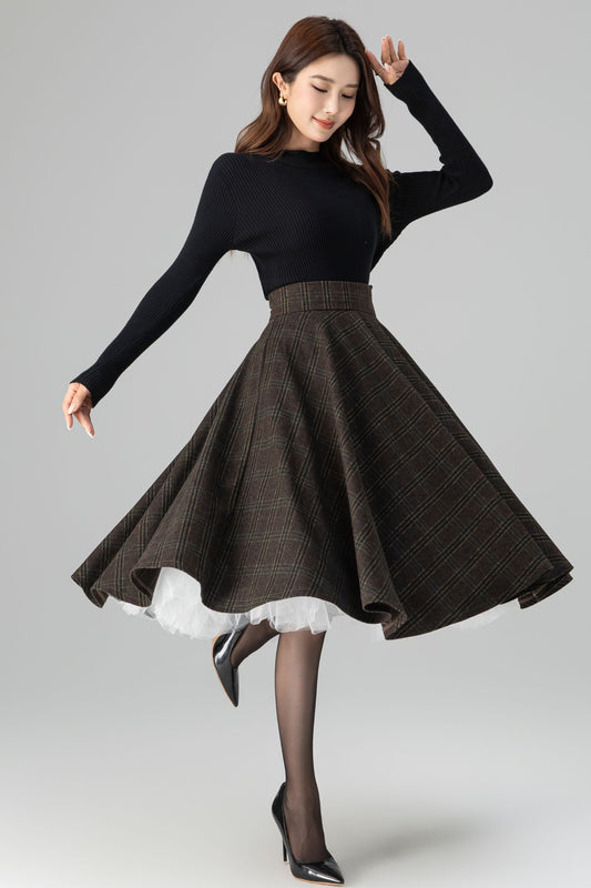Classic Plaid Midi Skirt Dark Brown Wool – High-Waisted Circle – 6396